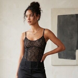 Victoria's Secret Black Lace Camisole Corset Style Zip Back Tank Top Medium